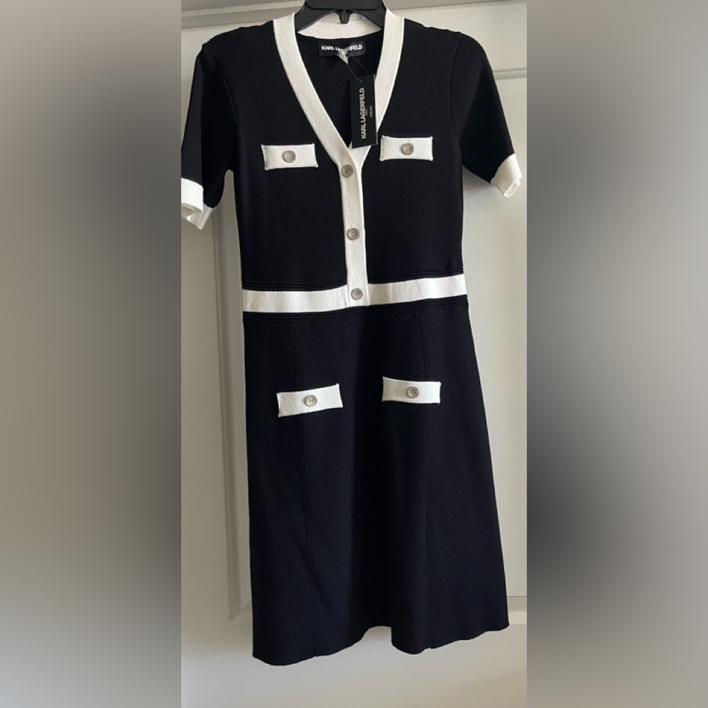Karl Lagerfeld Black and White Short Sleeve Midi Knit Dress